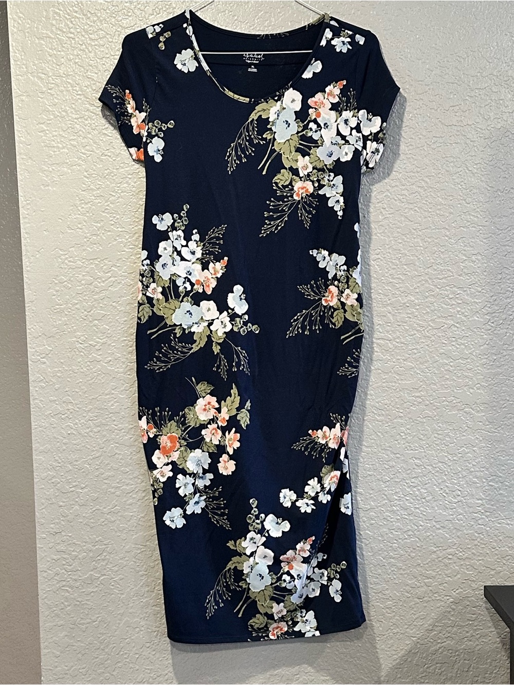 Blue Floral Stretch Ruched Maternity Dress-Size XL